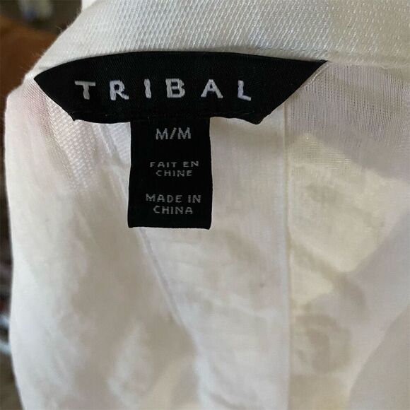 Tribal Women's M White Striped Button-Up Shirt Short Sleeve - Picture 4 of 5